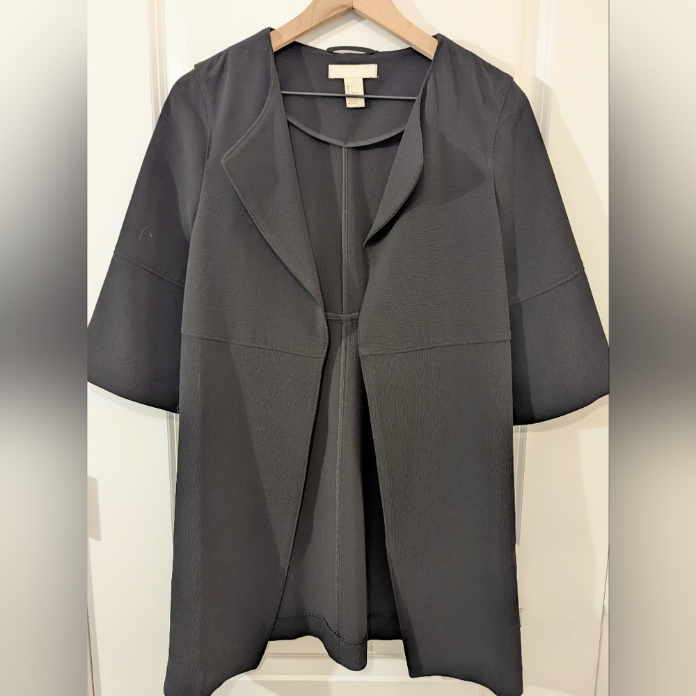 H&M Elegant Black Textured Lightweight Coat 3/4 Sleeve Slight Stretch Size 2